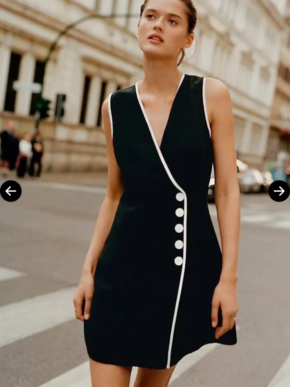 Black Sleeveless V-Neck Mini Dress with White Trim and Button Detail